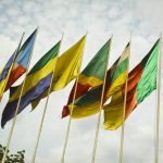 Drapeaux des pays membres de la Cemac au siège de l’organisation, à Bangui, en 2016 © Vincent Fournier/Jeune Afrique/