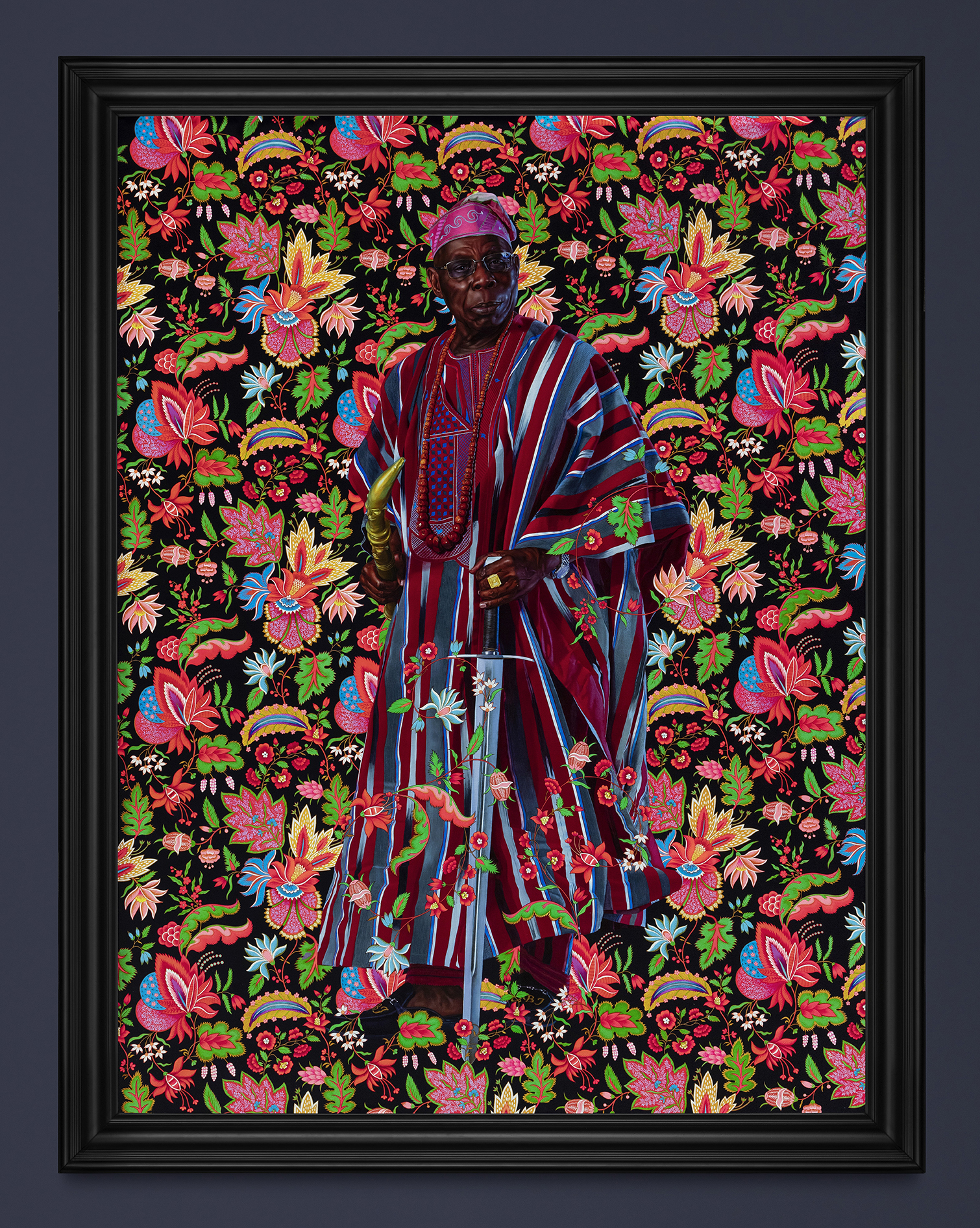 Olusegun Obasanjo, ancien président du Nigeria, vu par l'artiste Kehinde Wiley – un portrait exposé au musée du quai Branly, à Paris. © Tanguy Beurdeley/Courtesy Musée du Quai Branly
