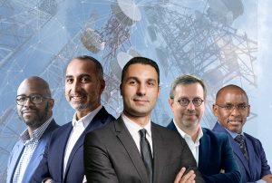De gauche à droite : Ralph Mupita, CEO de MTN, Hassanein Hiridjee, patron d’Axian, Mohamad Damush, CEO de Telecel, Jérôme Hénique, directeur général d’Orange Afrique et Moyen-Orient, et Peter Ndegwa, CEO de Safaricom. © Montage JA ; Chris Ratcliffe/Bloomberg via Getty Images ; Bruno Lévy pour JA ; DR