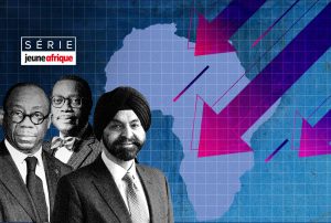 Serge Ekué, patron de la BOAD ; Akinwumi Adesina, de la BAD ; et Ajay Banga, de la BM. © Montage JA; BOAD; Damien Grenon pour JA; Hollie Adams/Bloomberg via Getty Images.