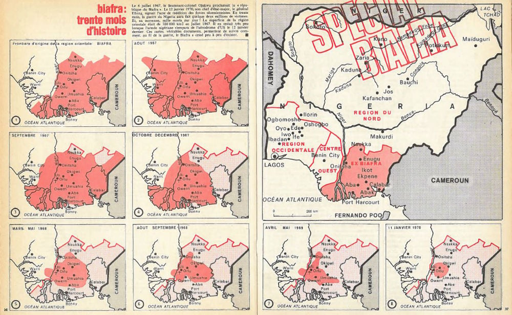 Cartes extraites du Jeune Afrique n°473 du 27 janvier 1970. En rouge, le territoire du Biafra. &copy; Archive JA