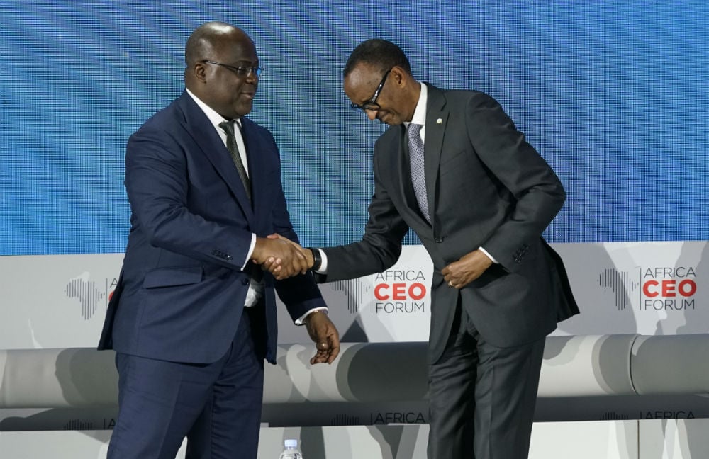 Le président rwandais Paul Kagame et son homologue congolais Felix Tshisekedi à l'Africa CEO Forum, à Kigali le 26 mars 2019. &copy; François Grivelet pour Jeune Afrique