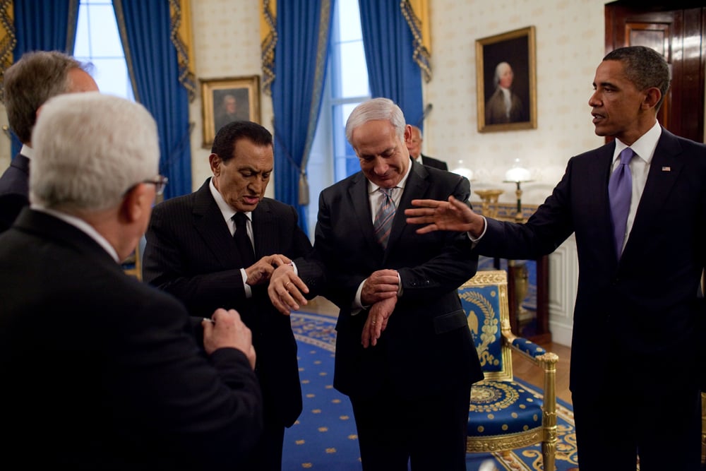 20170111obama7 © Prior to the start of their working dinner with President Barack Obama, President Mahmoud Abbas of the Palestinian Authority, President Hosni Mubarak of Egypt, and Prime Minister Benjamin Netanyahu of Israel, check their watches to see if it is officially sunset, in the Blue Room of the White House, Sept. 1, 2010. (Official White House Photo by Pete Souza)
This official White House photograph is being made available only for publication by news organizations and/or for personal use printing by the subject(s) of the photograph. The photograph may not be manipulated in any way and may not be used in commercial or political materials, advertisements, emails, products, promotions that in any way suggests approval or endorsement of the President, the First Family, or the White House.