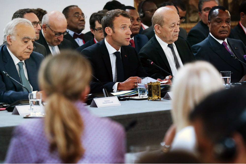 Ghassan Salamé, Emmanuel Macron, Jean-Yves Le Diran et Denis Sassou Nguesso, lors des discussions à l'Élysée sur la crise libyenne, mardi 29 mai 2018. &copy; Etienne Laurent/AP/SIPA
