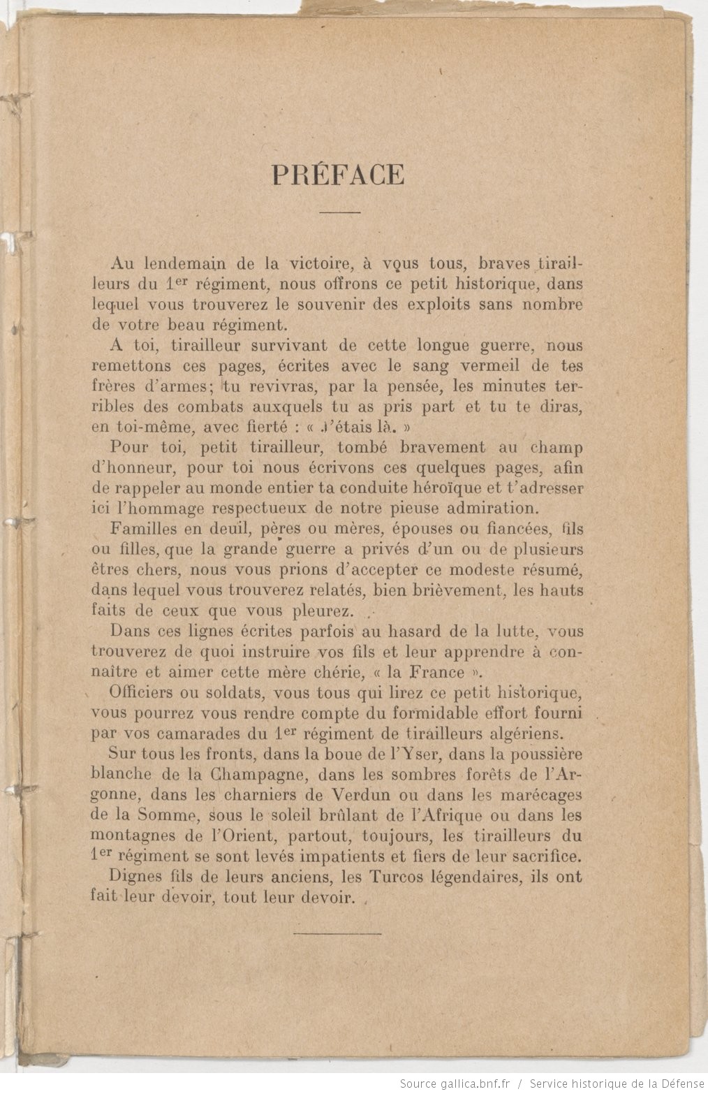 Préface du livre "Historique du 1er régiment de marche de tirailleurs algériens pendant la guerre 1914-1918". &copy; Service historique de la Défense