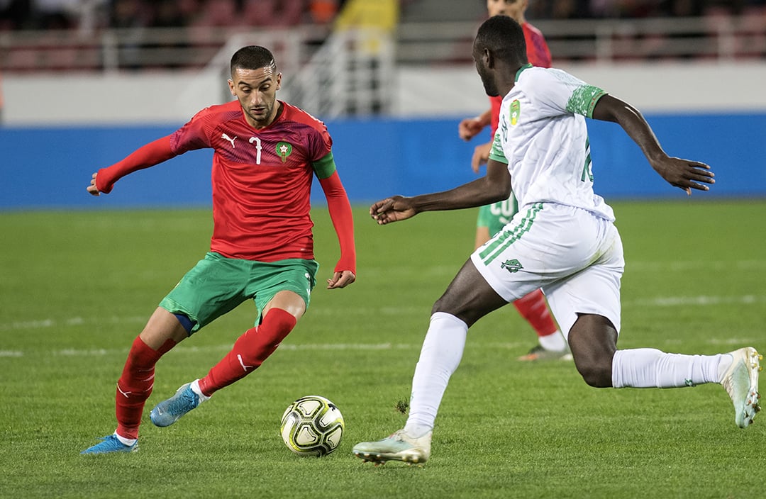 Le milieu de terrain marocain Hakim Ziyech lors du match contre la Mauritanie, lors des éliminatoires de la CAN, le 15 novembre 2019, à Rabat. &copy; FADEL SENNA/AFP