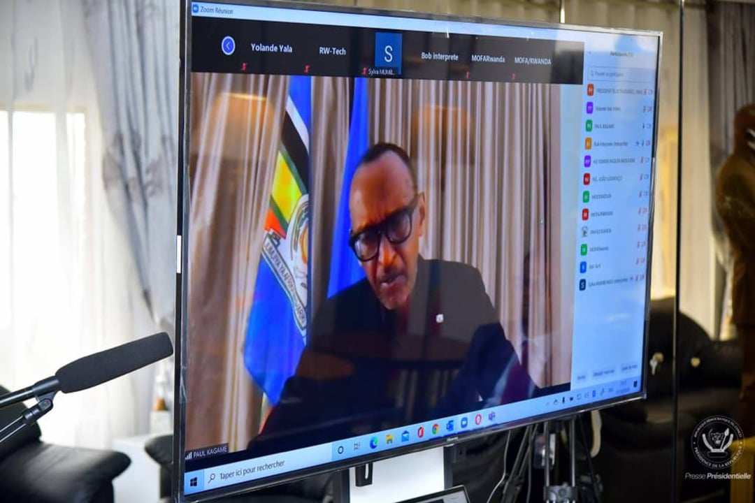 En visioconférence, le président rwandais Paul Kagame. Mini-sommet quadripartite RDC-Rwanda-Ouganda-Angola, 7 octobre 2020. &copy; PRESIDENCE RDC