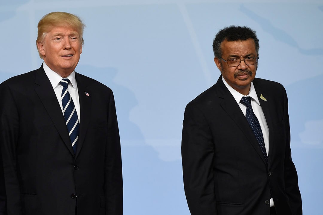 Donald Trump aux côtés de Tedros Ghebreyesus, lors du G20 à Hambourg, en juillet 2017. &copy; SAUL LOEB / AFP
