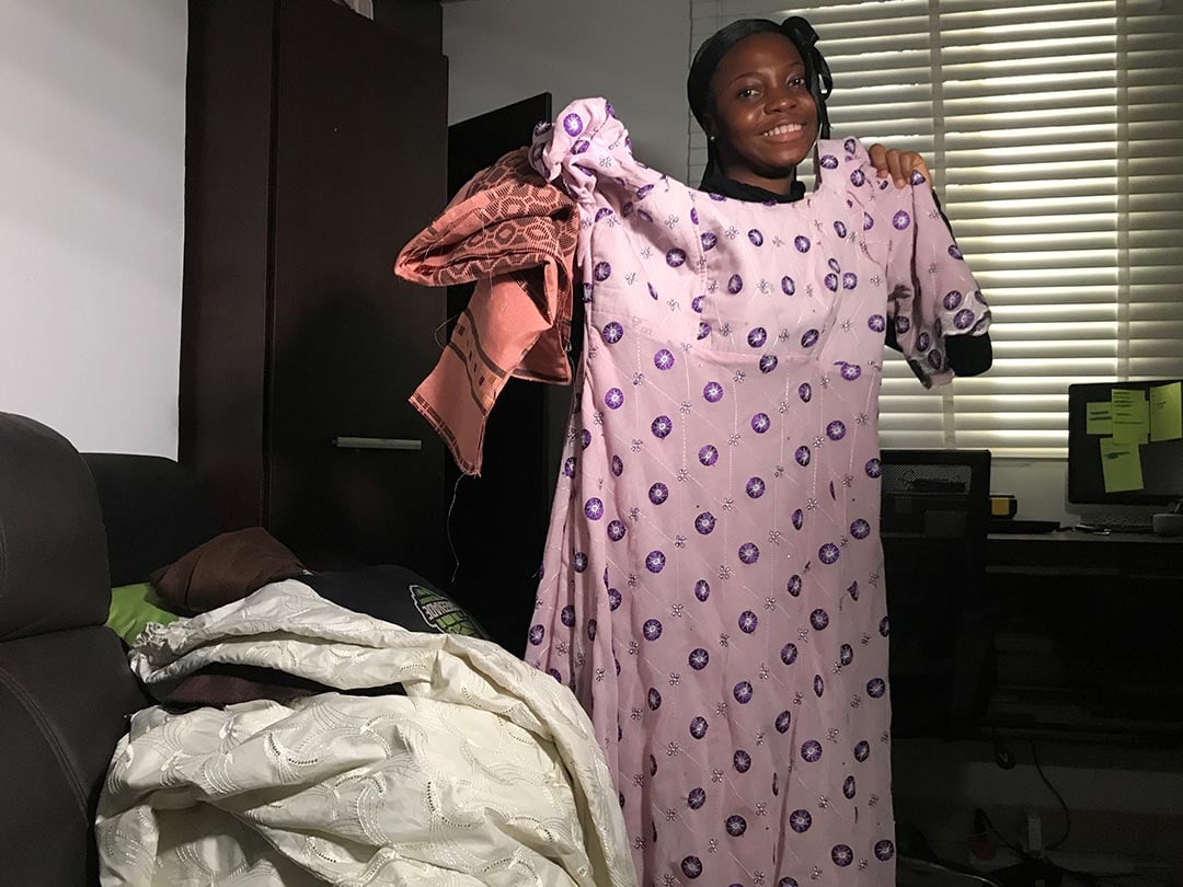 Comedian Apaokagi "Taaooma" Maryam displays some of her costumes in Lagos &copy; Seun Sanni/Reuters