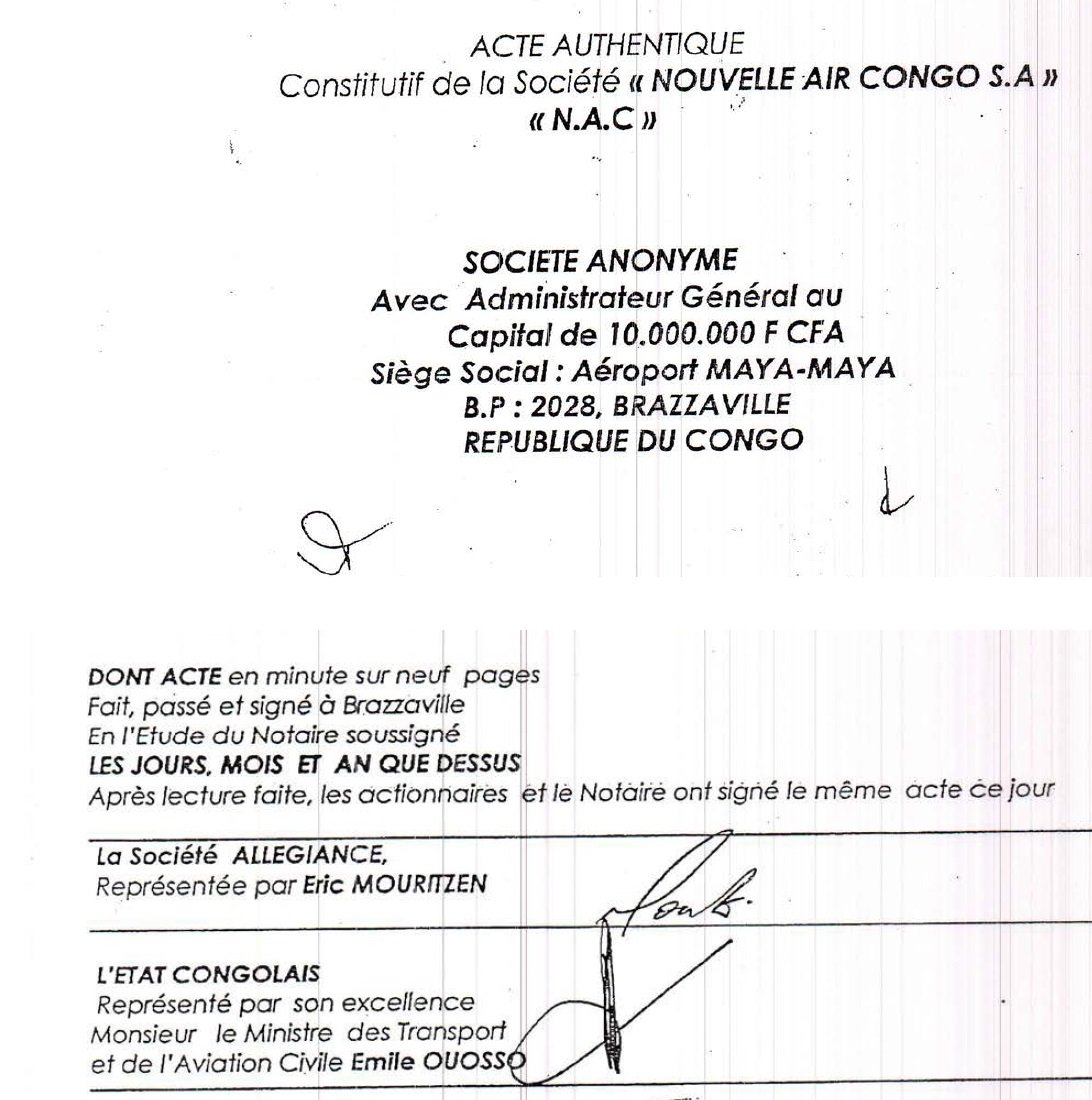 Extrait de l'acte constitutif de Nouvelle Air Congo S.A.Eric Mourtitzen &copy; DR