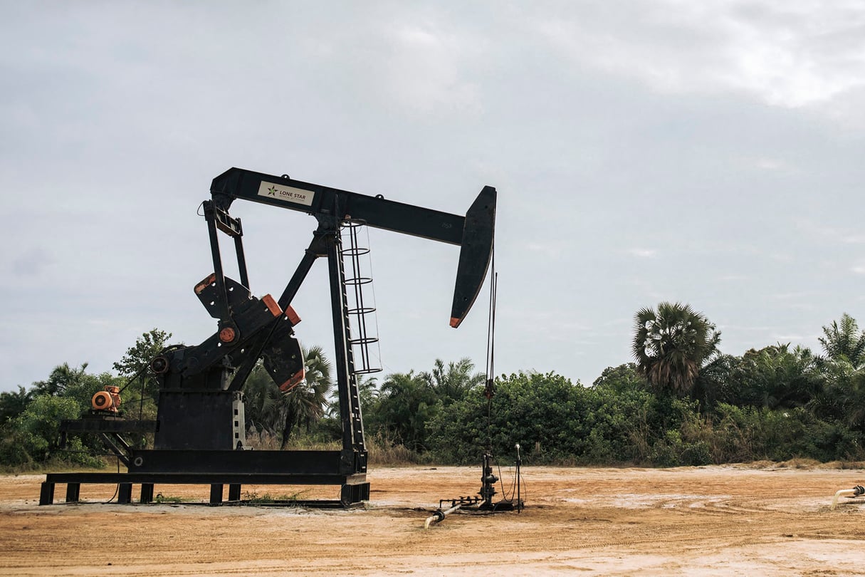 Un puits de pétrole onshore exploité par Perenco, près de Muanda, à l’extrémité sud-ouest de la RDC, en 2021. © Alexis Huguet / AFP