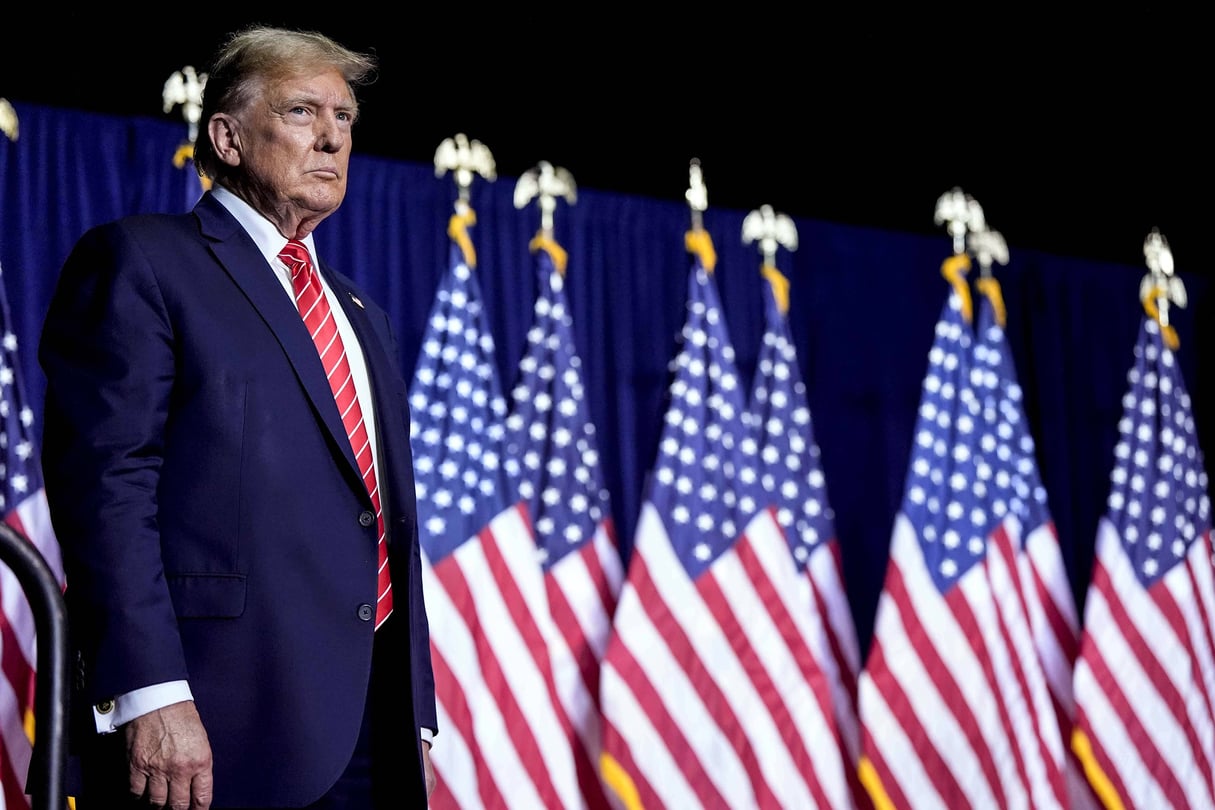 Le candidat républicain à la présidence américaine, Donald Trump, lors d’un meeting de campagne, le samedi 9 mars 2024, à Rome, dans l’État de Géorgie, aux États-Unis. © Mike Stewart/AP/SIPA