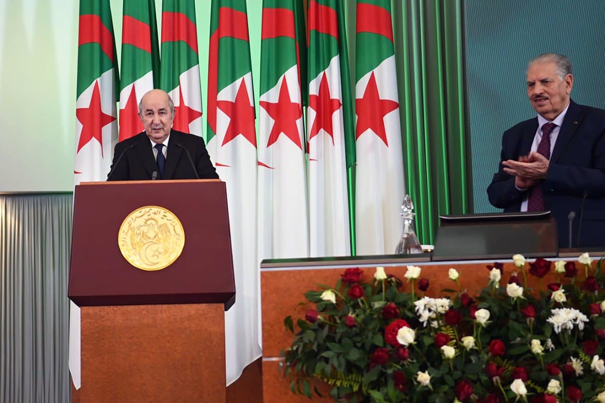 Le président Abdelmadjid Tebboune lors de son discours à la nation, le 25 décembre 2023. © APP via PRESIDENCE ALGERIENNE