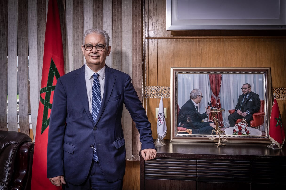 Nizar Baraka, le secrétaire général de l’Istiqlal, au siège du parti, à Rabat, le 14 juillet 2021. © Naoufal Sbaoui pour JA