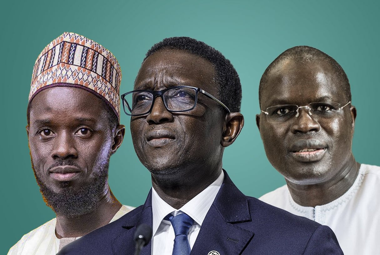 De gauche à droite : Bassirou Diomaye Faye, Amadou Ba et Khalifa Sall. De g à dr : Bassirou Diomaye Faye, Amadou Ba, Khalifa Sall
© Montage JA – DR – Sylvain Cherkaoui pour JA – Thierry STEFANOPOULOS/REA