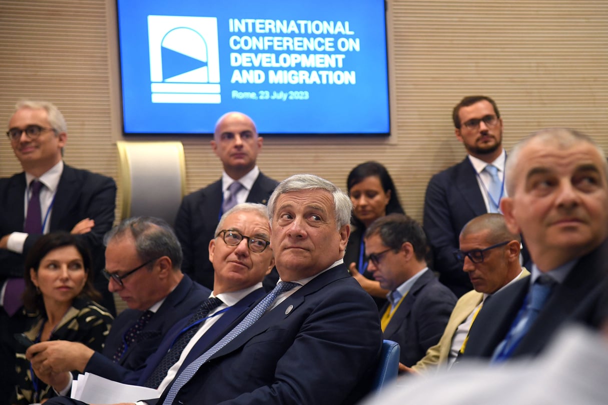 Le ministre italien des Affaires étrangères, Antonio Tajani, à l’issue de la Conférence internationale sur le développement et les migrations à la Farnesina, à Rome, en Italie, 23 juillet 2023. © FABIO CIMAGLIA/EPA/MAXPPP