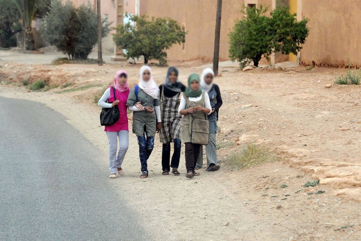 Groupe de jeunes filles marchant sur le bord d’une route en direction de l’école. Moyen Atlas, Rissani, Maroc. © BROKER/Egon/Andia.fr