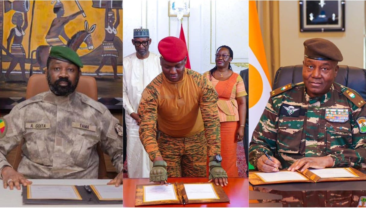 Captures d’écrans du compte X (ex-Twitter) de la présidence du Niger montrant Goïta, Traoré et Tiani signant le Charte de « l’Alliance des Etats du Sahel ». © DR
