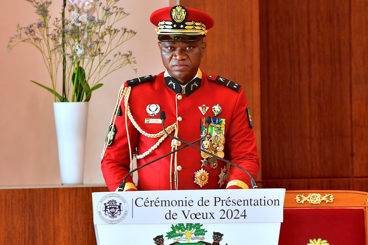 Brice Clotaire Oligui Nguema, le président de la transition gabonaise, lors de la présentation des vœux du corps diplomatique, le 3 janvier 2024. © FlickR / Présidence de la République Gabonaise