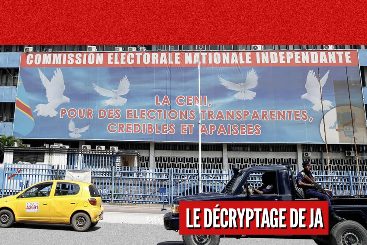 Le siège de la Commission électorale nationale indépendante à Kinshasa (RDC). © Montage JA : Baz Ratner/Reuters