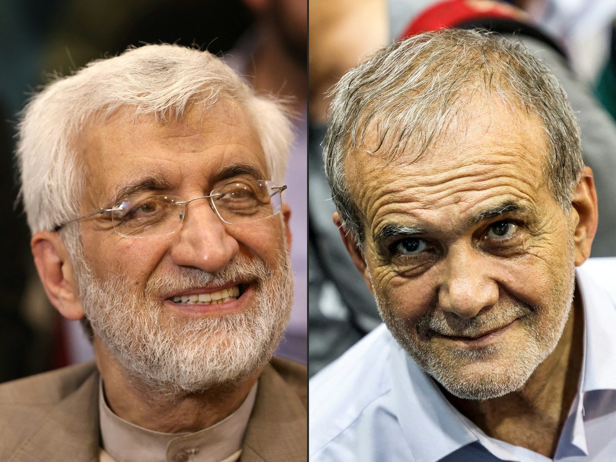Saïd Jalili (à g.) et Massoud Pezeshkian (à dr.) s’affronteront le 5 juillet 2024 pour le second tour de la présidentielle en Iran. © ATTA KENARE / AFP.