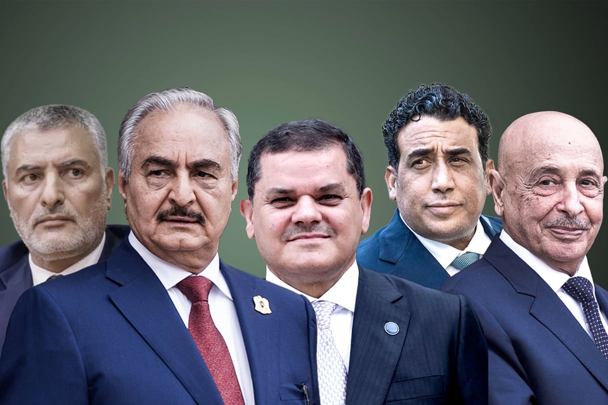 De gauche à droite : Mohamed Takala, Khalifa Haftar, Abdelhamid Dbeibah, Mohamed el-Menfi, Aguila Saleh. Montage JA © DR – Nicolas Messayasz/SIPA, Shutterstock/SIPA, XOSE BOUZAS/HansLucas via AFP, Nicolas Messayasz/SIPA