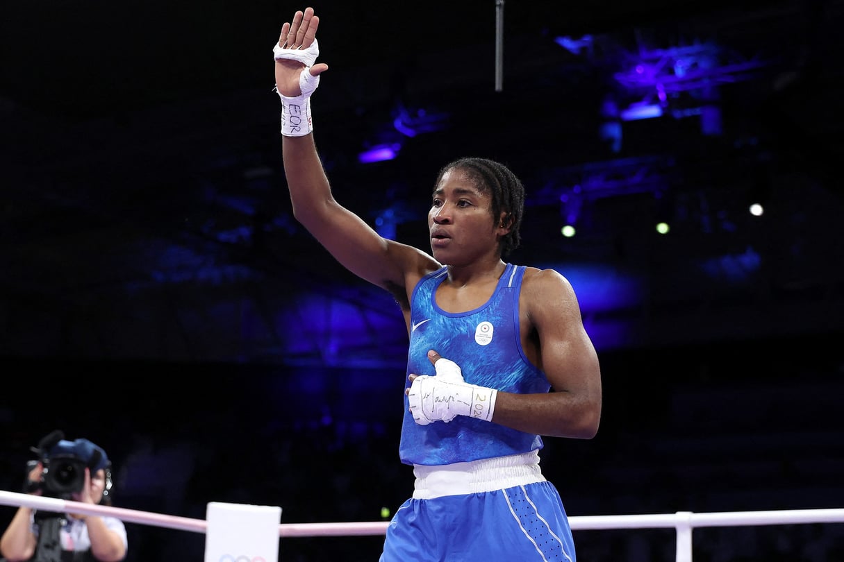 La boxeuse Cindy Djankeu Ngamba de l’équipe olympique des réfugiés, à Paris, le 31 juillet 2024 © Richard Pelham/Getty Images via AFP