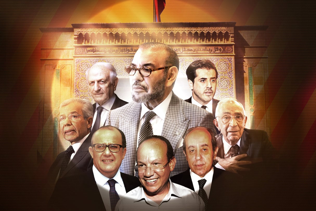 Mohammed VI au centre, et de gauche à droite : André Azoulay, Abdellatif Menouni, Taieb Fassi Fihri, Fouad Ali El Himma, Omar Kabbaj, Omar Azziman, Yassir Zenagui © Montage JA; AFP; MAP; MAX PPP; Abaca; Getty Images