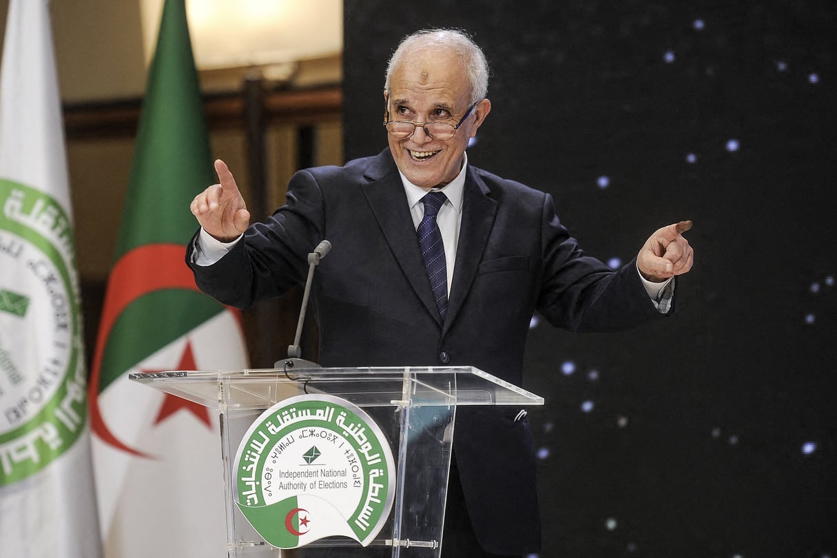 Mohamed Charfi, président de l’Autorité nationale indépendante des élections (Anie), lors d’une conférence de presse à Alger, le 12 juin 2021 © Mousaab Rouibi / Anadolu Agency via AFP