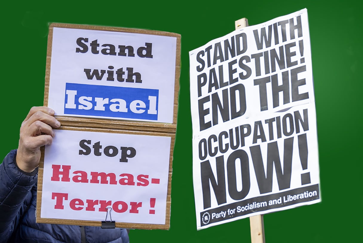 Pancartes de soutien à Israël ou à la Palestine. © Montage JA – AFP.