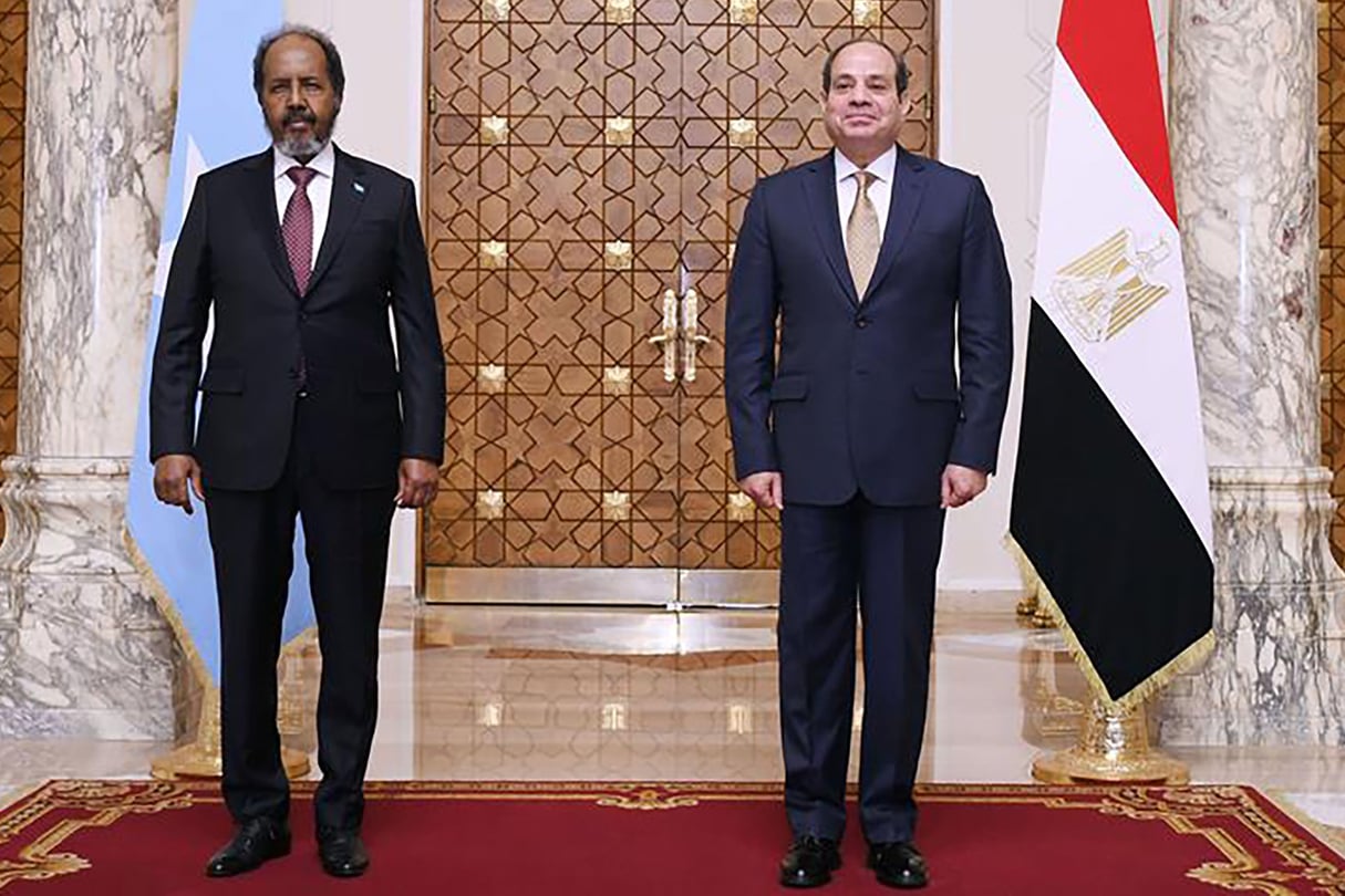 Le président égyptien, Abdel Fattah al-Sissi (à dr.), reçoit son homologue somalien, Hassan Cheikh Mohamoud, au palais Al-Ittihadiya, au Caire, le 21 janvier 2024. © Présidence Égypte