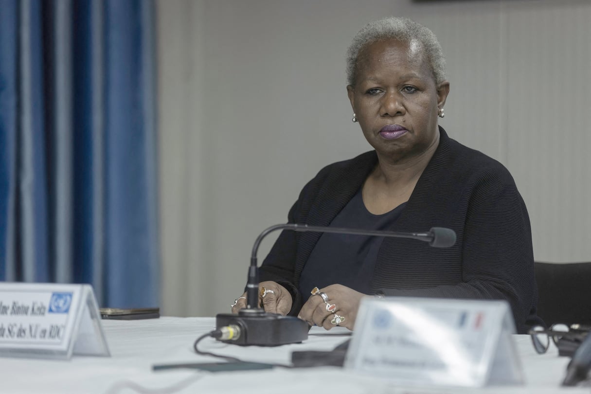 Bintou Keïta, cheffe de la Monusco, lors d’une conférence de presse à la suite d’une mission du Conseil de sécurité des Nations unies à Goma, le 12 mars 2023. © Guerchom Ndebo / AFP