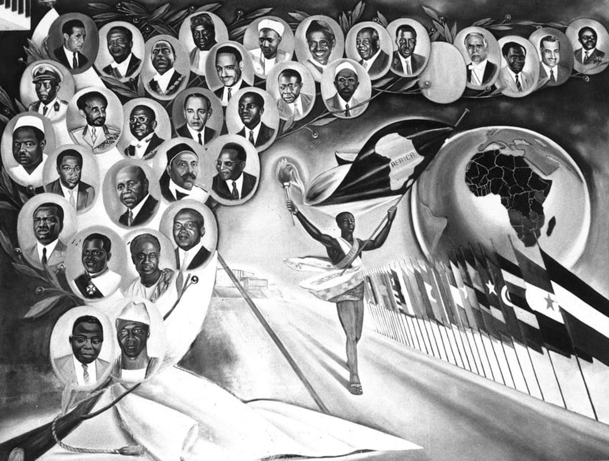 Fresque des 32 chefs d’État africains, pères fondateurs de l’OUA à Addis-Abeba. © Archive JA