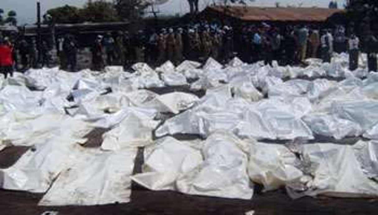 Des casques bleus et du personnel médical devant des corps de victimes de l’explosion. © AFP