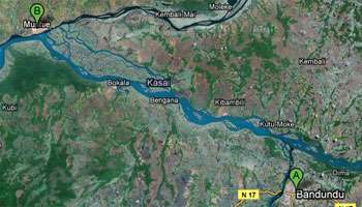 L’embarcation est partie de Mushie, à environ 30 km du Bandundu. © Google