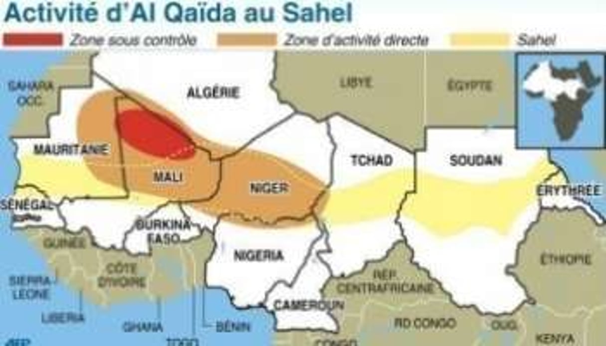 Carte d’Afrique situant le sanctuaire et la zone d’activité directe d’Al Qaïda dans la zone sahelo © AFP