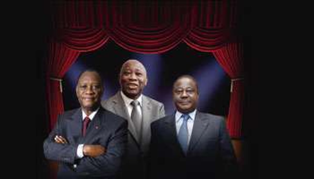 Alassane Ouattara, Laurent Gbagbo et Henri Konan Bédié (de g. à dr.). © PHOTOMONTAGE J.A.