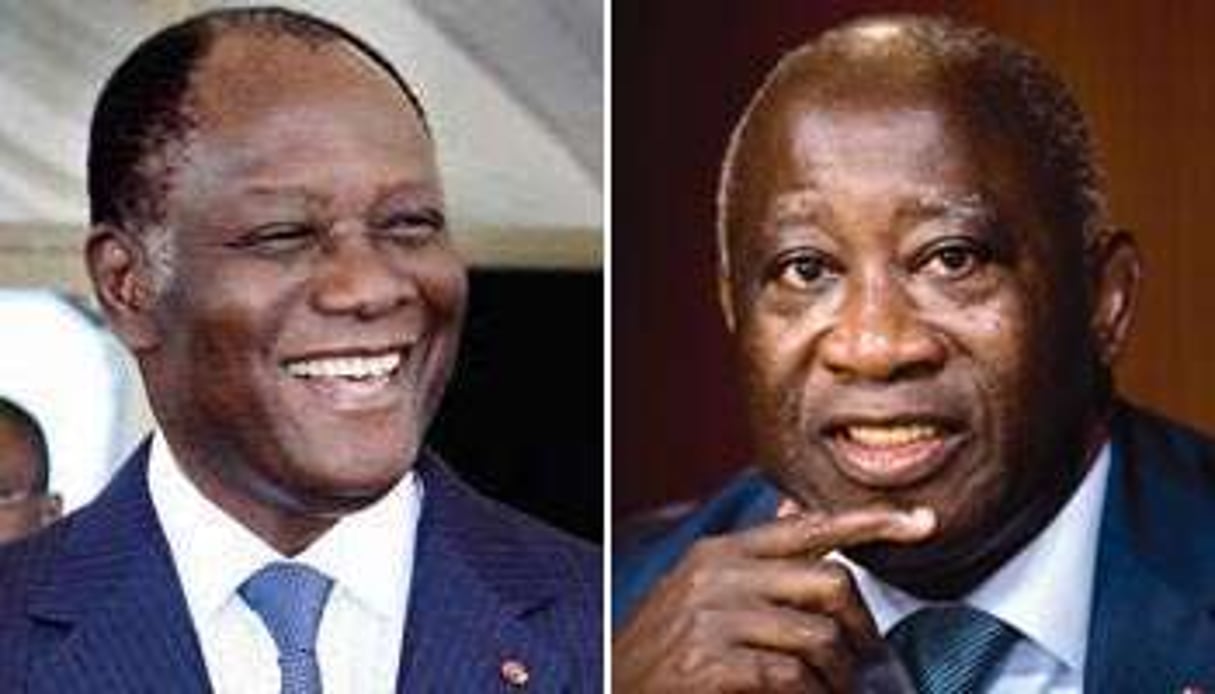Alassane Dramane Ouattara et Laurent Gbagbo, les deux finalistes probables de la présidentielle. © Photos et montage J.A.