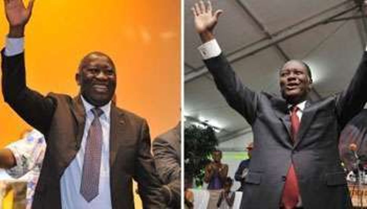 Les deux candidats du second tour : Gbagbo (à g.) et Ouattara. © AFP