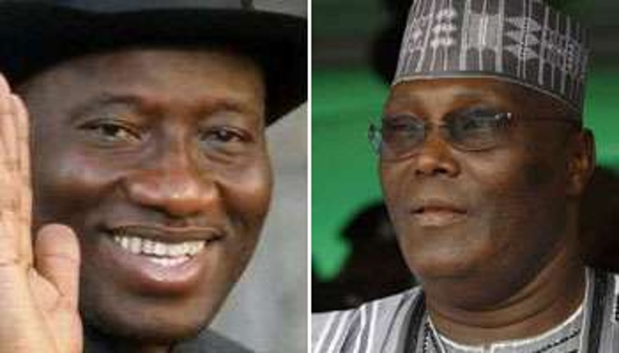 Goodluck Jonathan (g.) et Atiku Abubakar, les deux principaux prétendants à l’investiture du PDP. © AFP/Montage JA