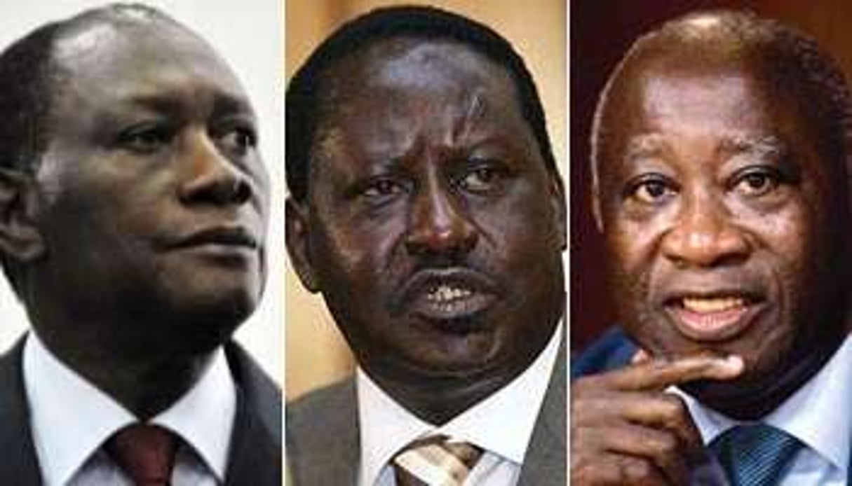 De g. à d. : Alassane Ouattara, Raila Odinga et Laurent Gbagbo. © DR/Montage J.A.