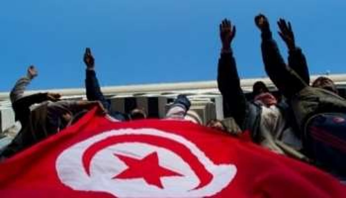 Des manifestants tiennent le drapeau tunisien, lors de la révolution, le 24 janvier 2010 à Tunis. © AFP