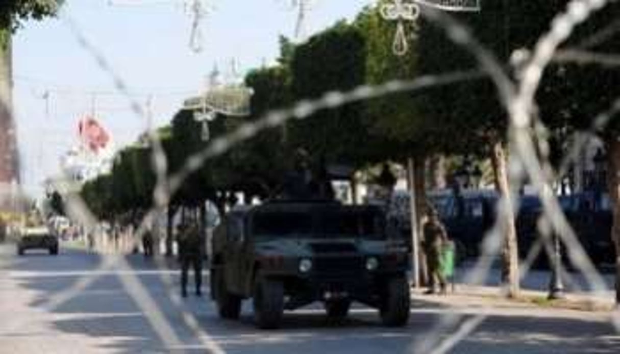 Militaires stationnant devant le ministère de l’Intérieur, à Tunis le 14 février 2011. © AFP