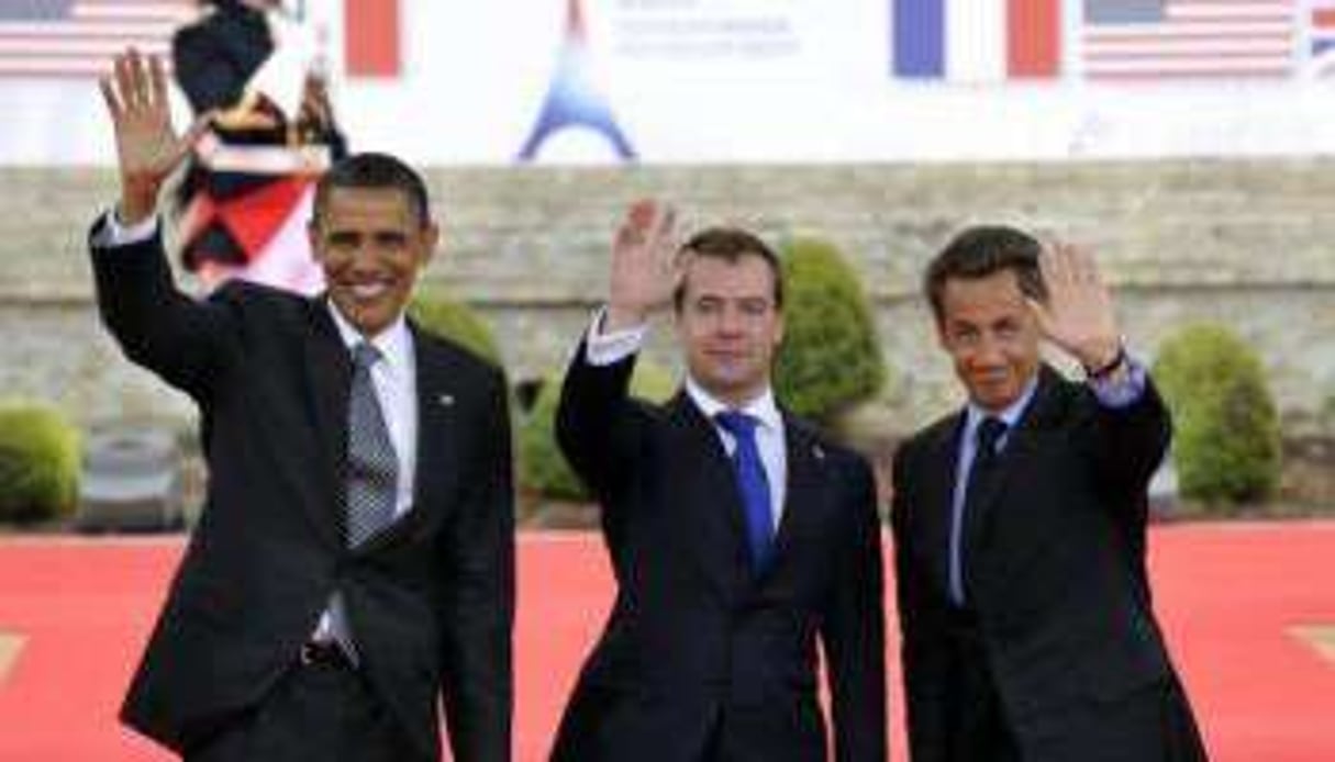 De g. à dr. Obama, Medvedev et Sarkozy, à Deauville, le 26 mai 2011. © Eric Feferberg/AFP