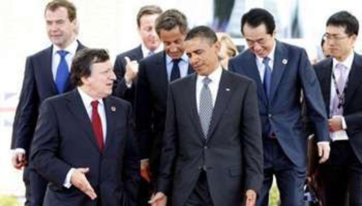 Jose Manuel Barroso, Barack Obama, Dmitri Medvedev, David Cameron, Nicolas Sarkozy, Naoto Kan au G8. © AFP