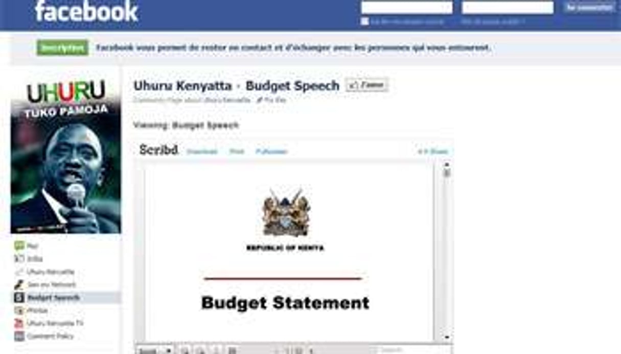 Capture de la page Facebook du discours de présentation du budget 2011-2012 du Kenya. © D.R.