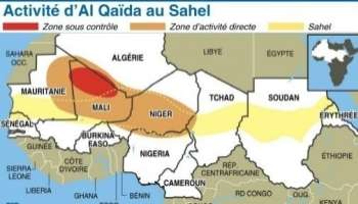 Carte délimitant le Sahel et situant le sanctuaire et la zone d’activité directe d’Al Qaïda. © AFP