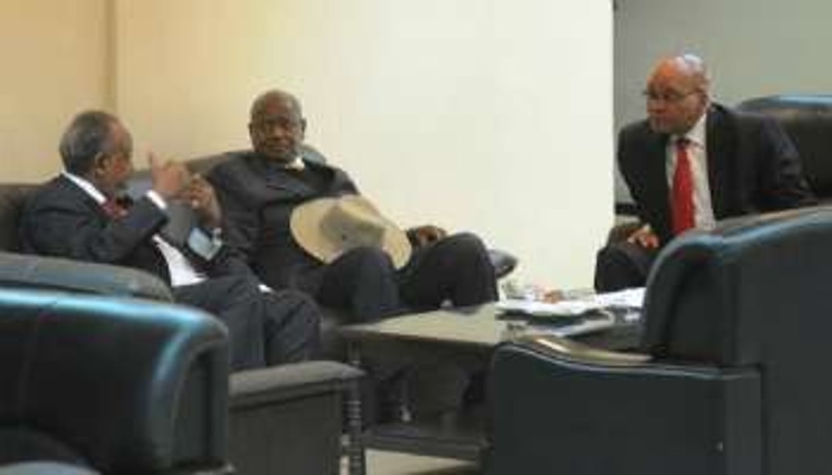 Les présidents Yoweri Museveni (C), Jacob Zuma (D) et Ismal Omar Guelleh. © Simon Maina/AFP