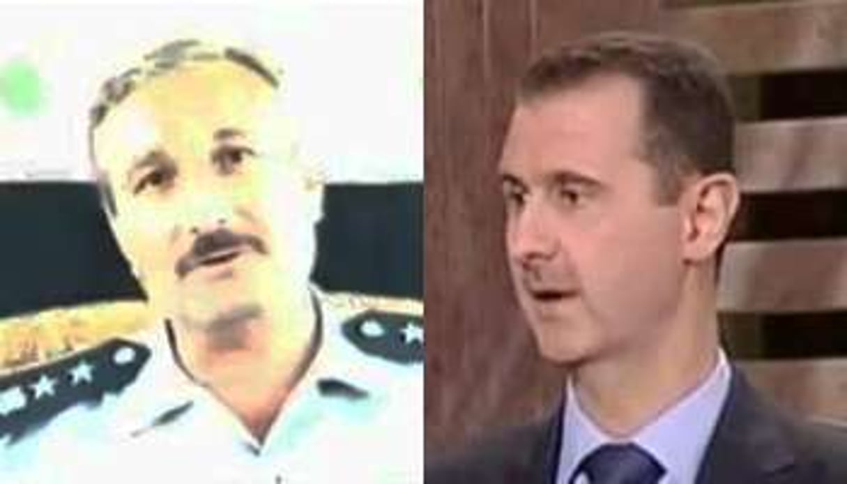 Le colonel dissident Asaad (à g.) et le président syrien Bachir al-Assad. © Captures d’écran Youtube.