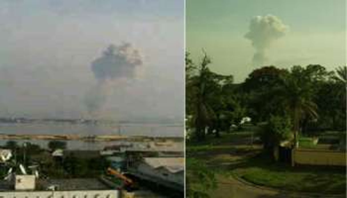 Un panache de fumée était visible depuis Kinshasa. © Photos Kim Fuga et Rabih R. Massaad (Twitter). Montage JA.com